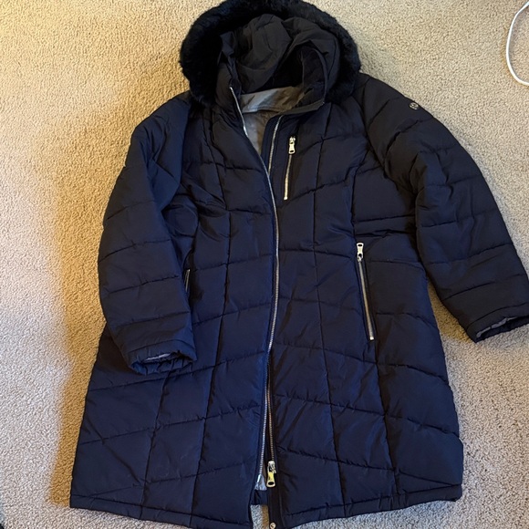 Black Quilted Long Coat with Fur Hood - Picture 1 of 4
